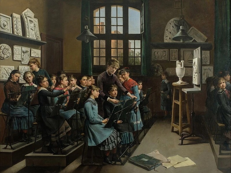 1852-Marie Adrien Lavieille - Lezioni di disegno in una scuola comunale femminile